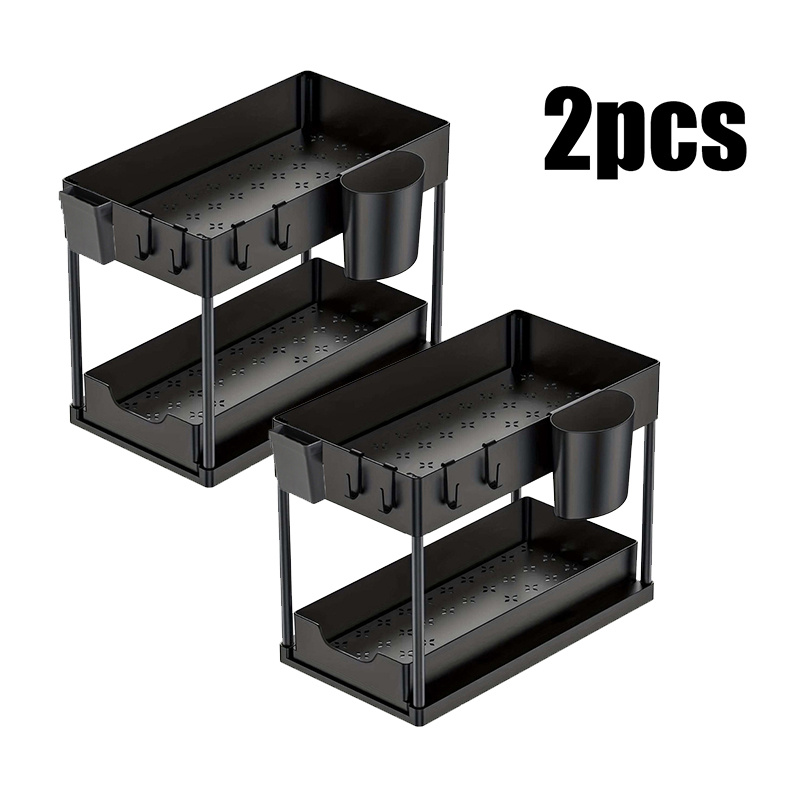 2pcs Under Sink Storage Organizer, 2-tier Carbon Steel Bathroom Cabinet Shelf, Waterproof Punch-free Countertop Rack With Hooks & Side Cups For Kitchen Bathroom