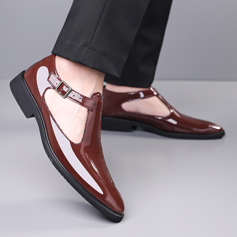 Men's Glossy Patent Dress Shoes with Breathable Cut-Out Design - Slip-On Closure, Comfortable Rubber Sole & PU Lining - Black Low-Top Formal & Casual Footwear