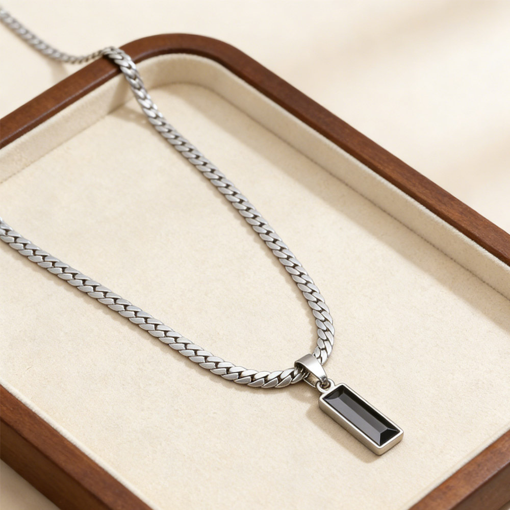 Men's Stainless Steel Black Pendant Necklace, Minimalist Style