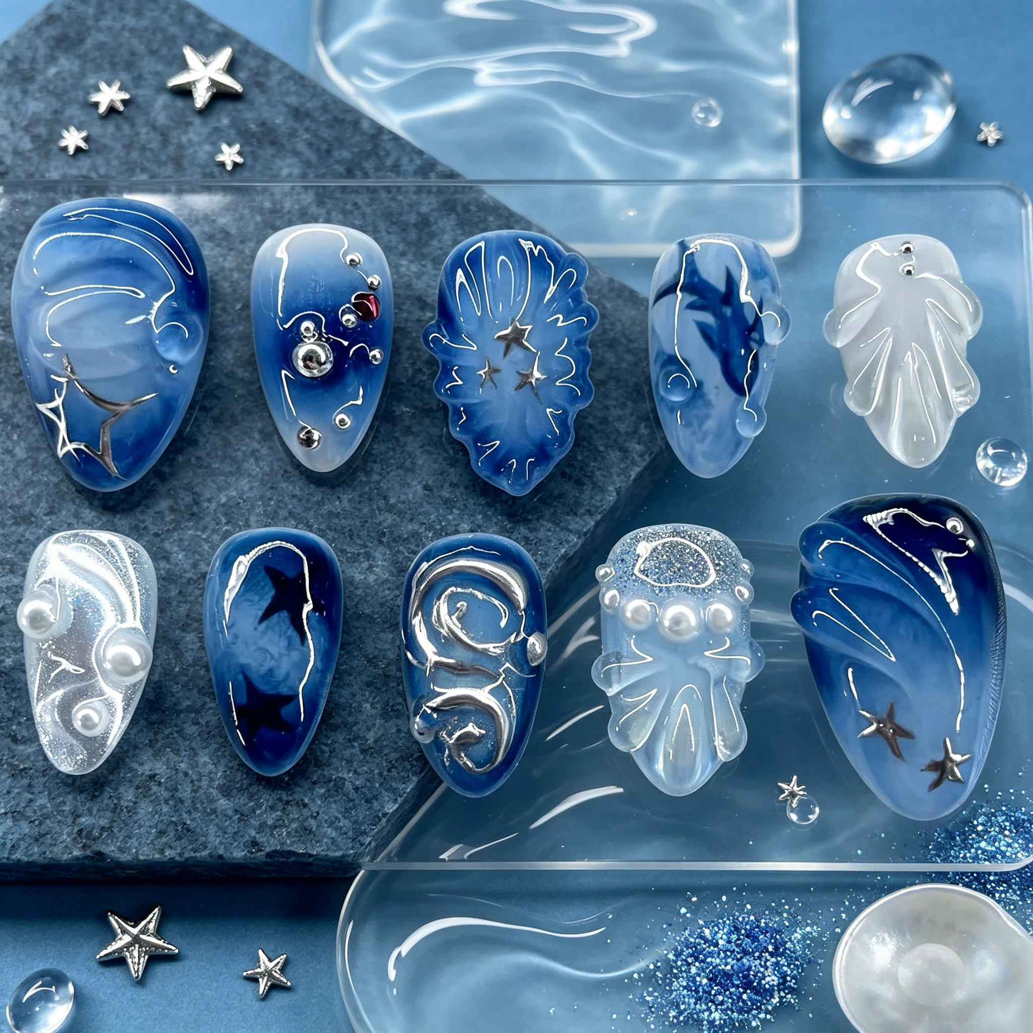 TEMU 10pcs Medium Almond Press On Nails Blue Ocean Marble Swirl 3d Jellyfish Silvery Metal Wave Pearl Handmade Reusable Artificial Fake Nail Set For