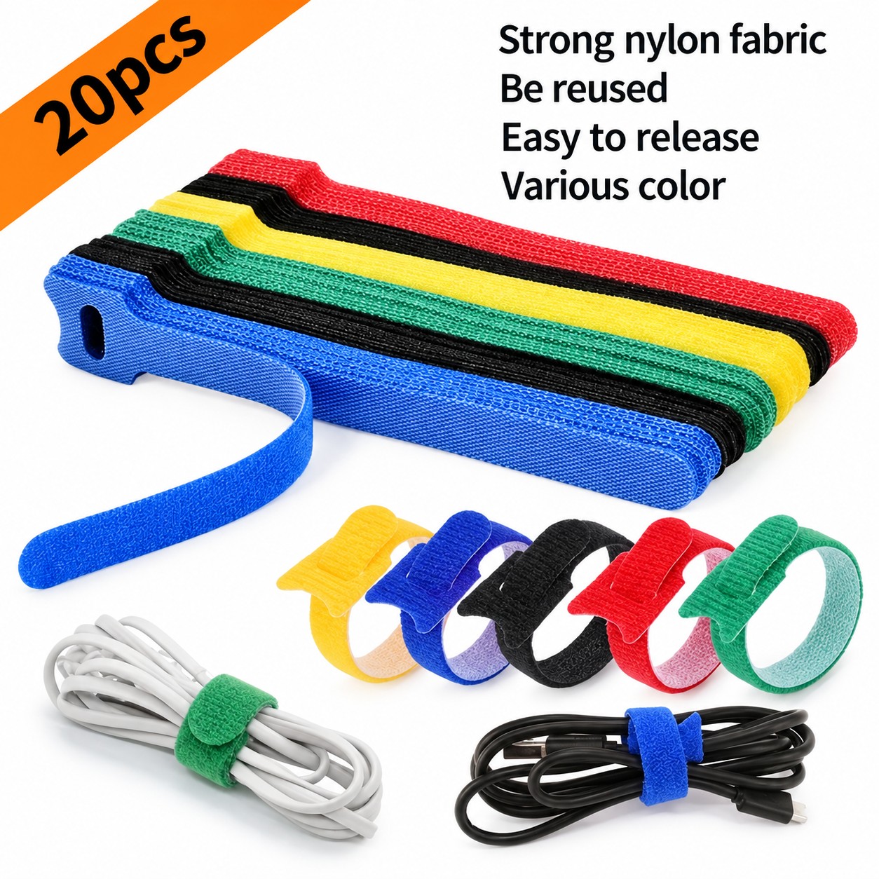 TEMU 20pcs Reusable Cable Ties, Nylon Hook And Loop Wire Organizer Straps, Adjustable Cable Zip Ties, Suitable For Usb Cables, Charging Cords,