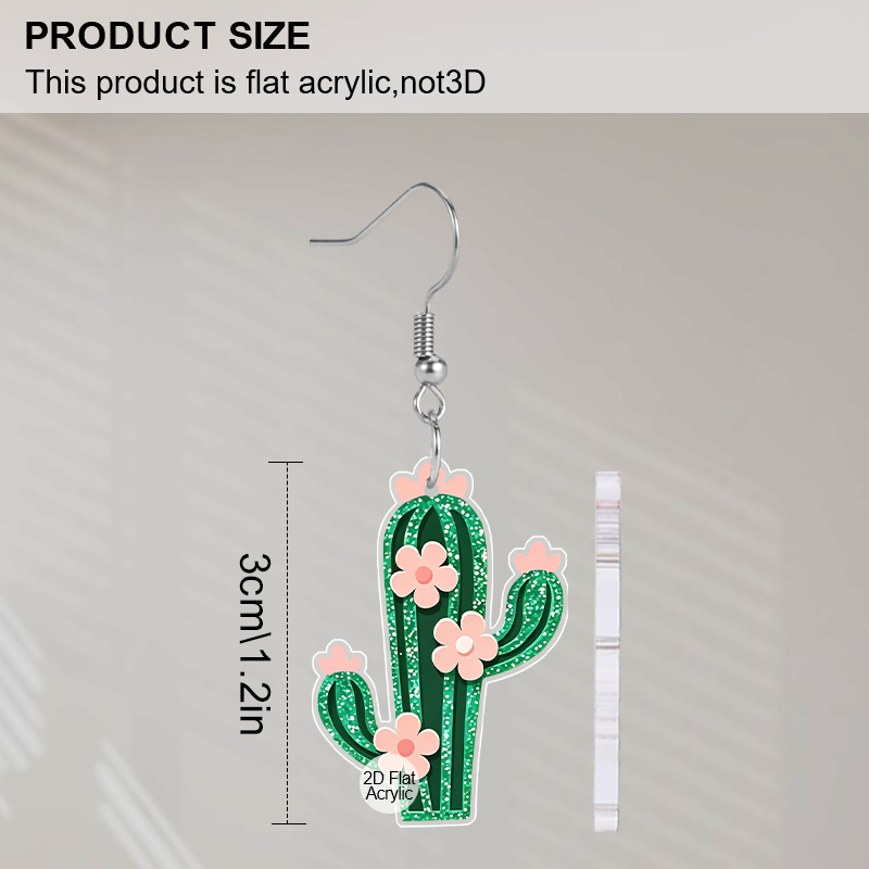 Pendientes acrílicos 2D planos de cactus floral floreciente y bonito, joyería para mujer estilo de dibujos animados de cactus, joyería de moda para mujer bellamente diseñada, pendientes exquisitos para fiesta y uso diario casual, joyería ligera para mujer, regalos perfectos para el festival del