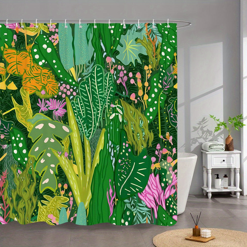 TEMU 1pc A Shower Curtain Featuring A Tropical Jungle Design With , Including Ferns And Agave, Along With Pink And Orange Flowers, White Mushrooms,