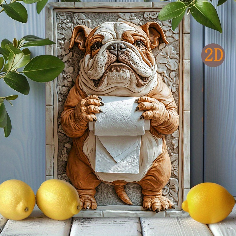 

2d Bulldog With Toilet Paws - 8x12" Vintage Aluminum Wall Decor Sign For Home & Restaurant, & Fade-resistant, Easy-hang Design