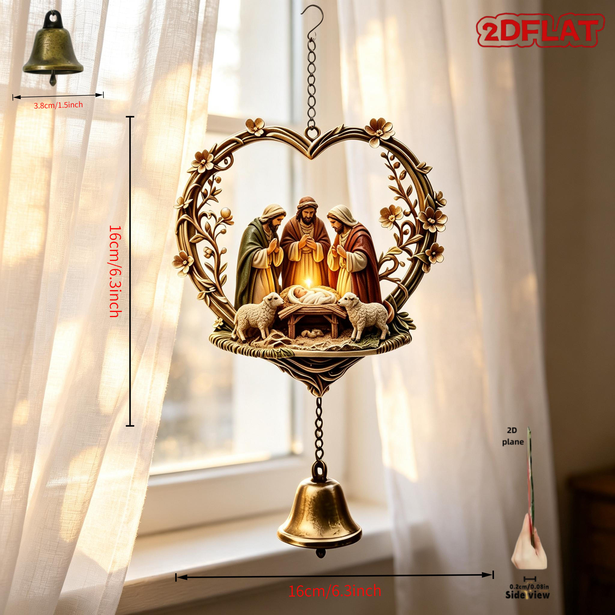TEMU An Acrylic Carved Heart-shaped Nativity Scene Wind Chime Ornament With A Single . Hung In Courtyards, On Grapevine Trellises, Or By Indoor