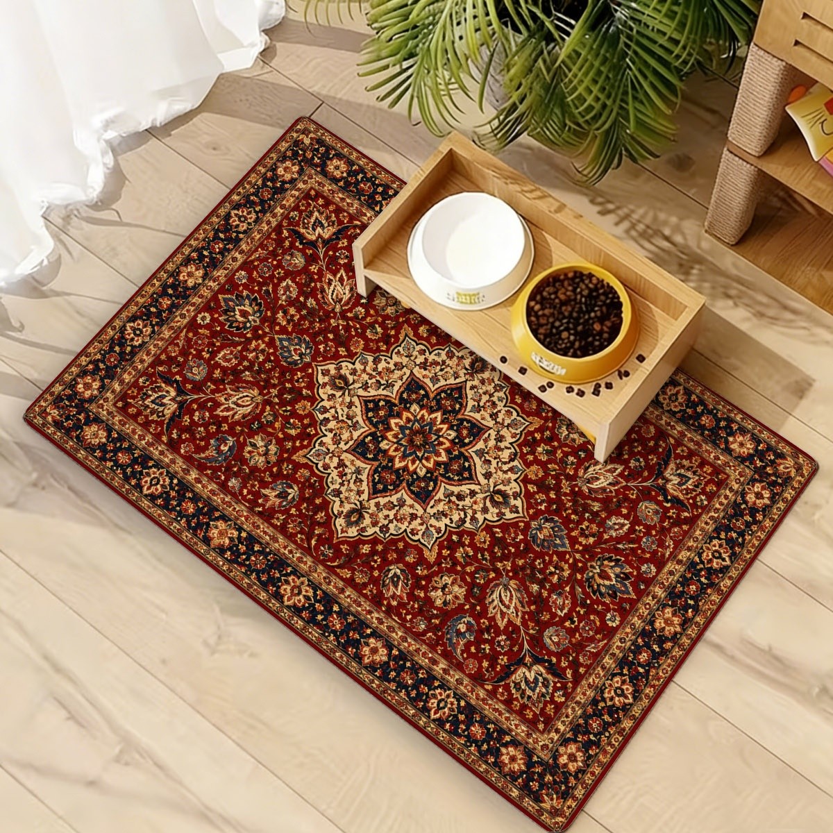 TEMU Exquisite Persian Vintage Pattern Cat Feeding Mat, Diatomaceous Earth Material Rectangular Pet Mat, Featuring Red Background And Delicate Floral