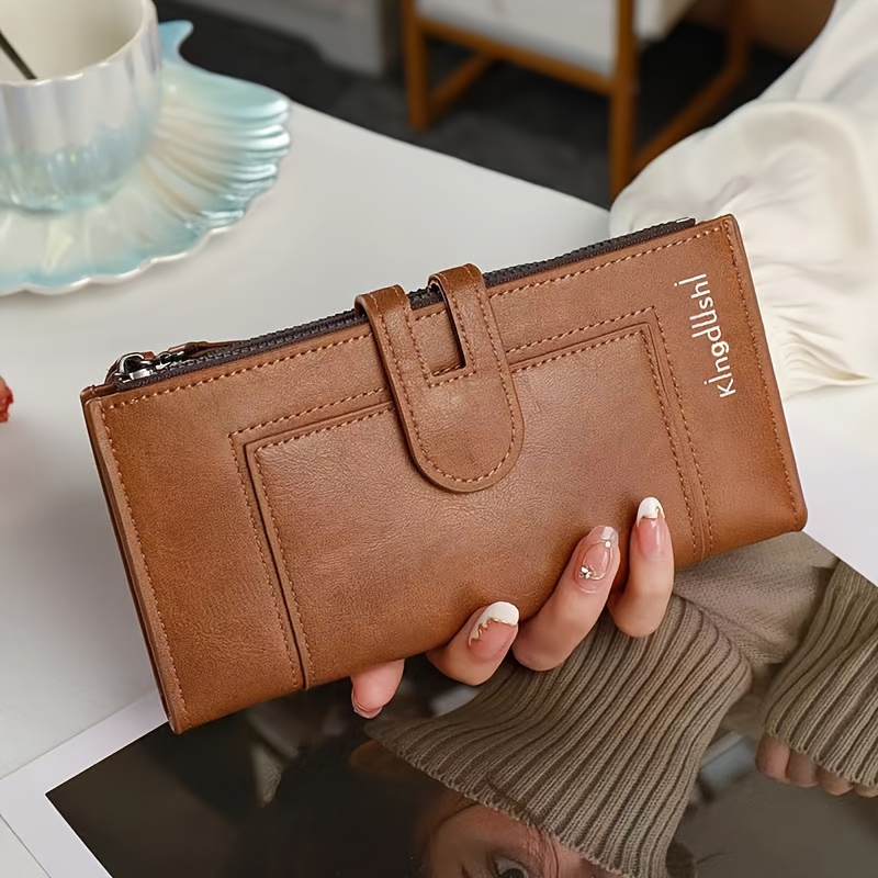 TEMU Vintage Style Leather Credit Card Holder For Women With Zipper Pocket, Large Capacity, Multi-card Slots, Polyester Lining, Buckle Closure, , No Printing - Convenient And Stylish Organizer