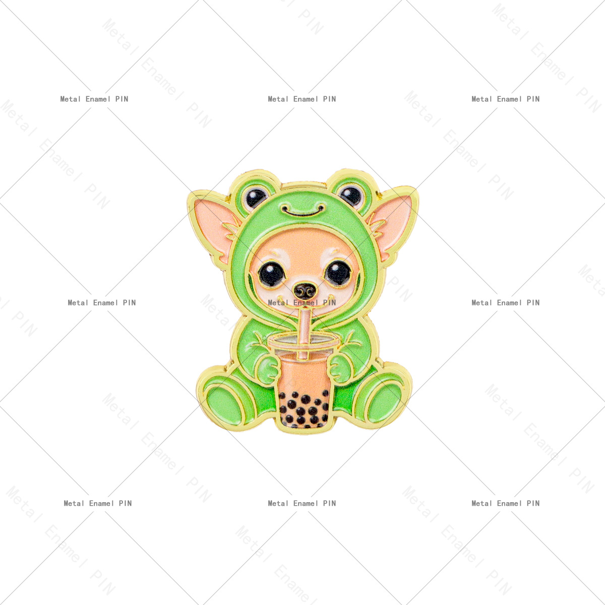 TEMU 1pc Cute Chihuahua In Frog Costume Boba Tea Enamel Pin, Kawaii Puppy Tea Brooch Lapel Badge, Cartoon Animal Metal Pin, Backpack Decor Gift