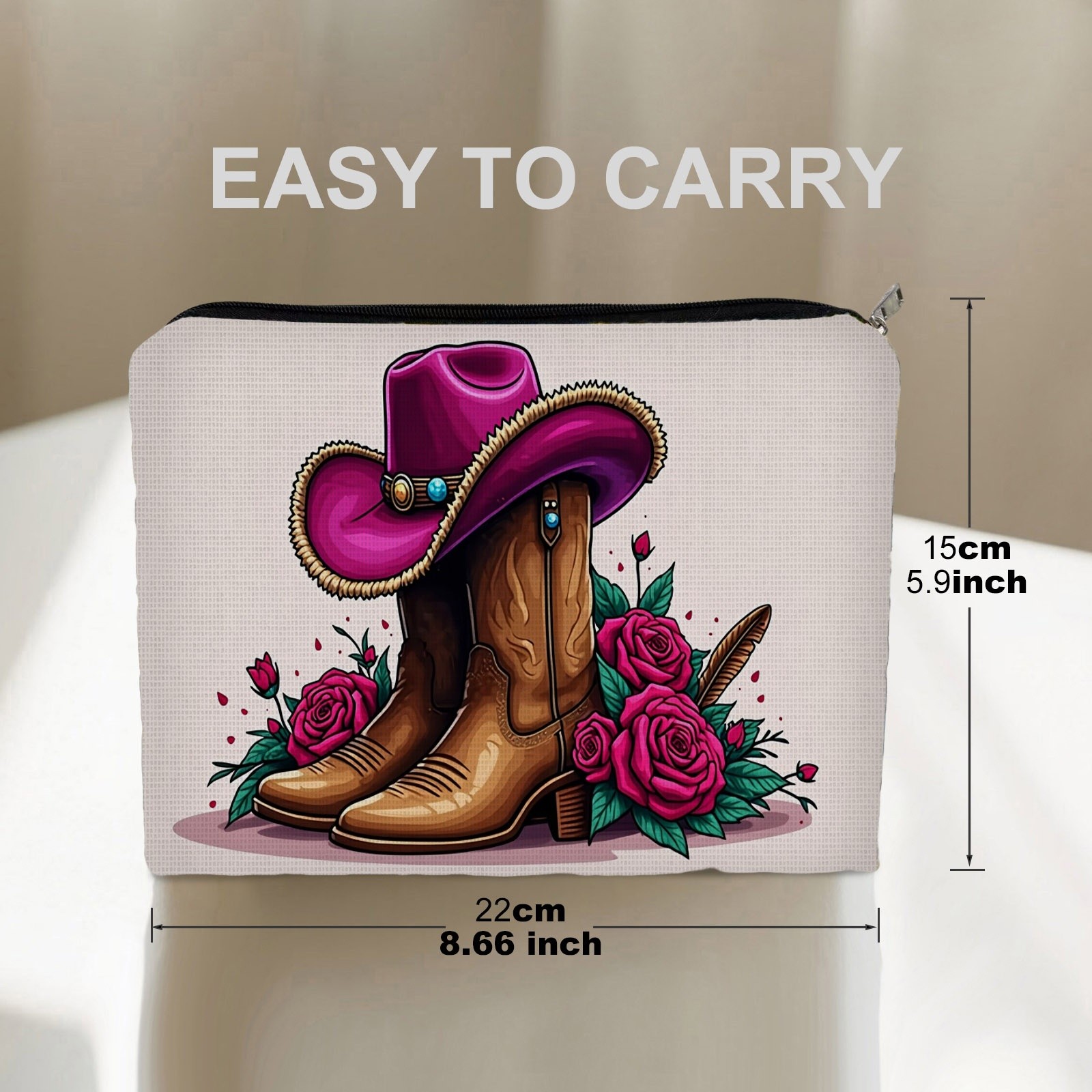 TEMU Trousse de maquillage sur le thème western, impression de dessin animé double face avec de bottes de cowboy marron, chapeau violet et roses