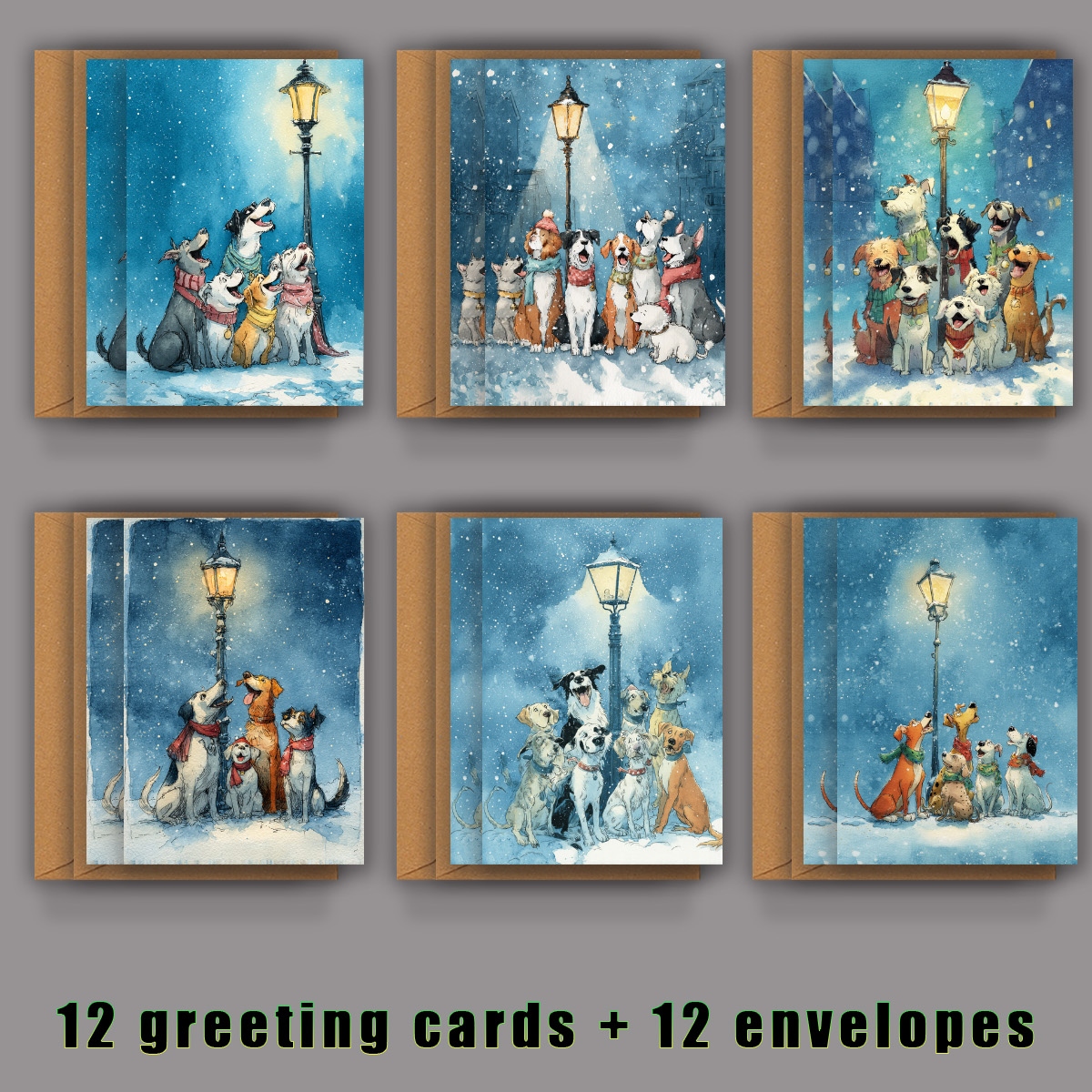 TEMU 1 Set/12pcs/24pcs Christmas Greeting Cards With A Pattern Of Multiple Dogs Gathered Around Post, Includes Envelopes, Folded Size
