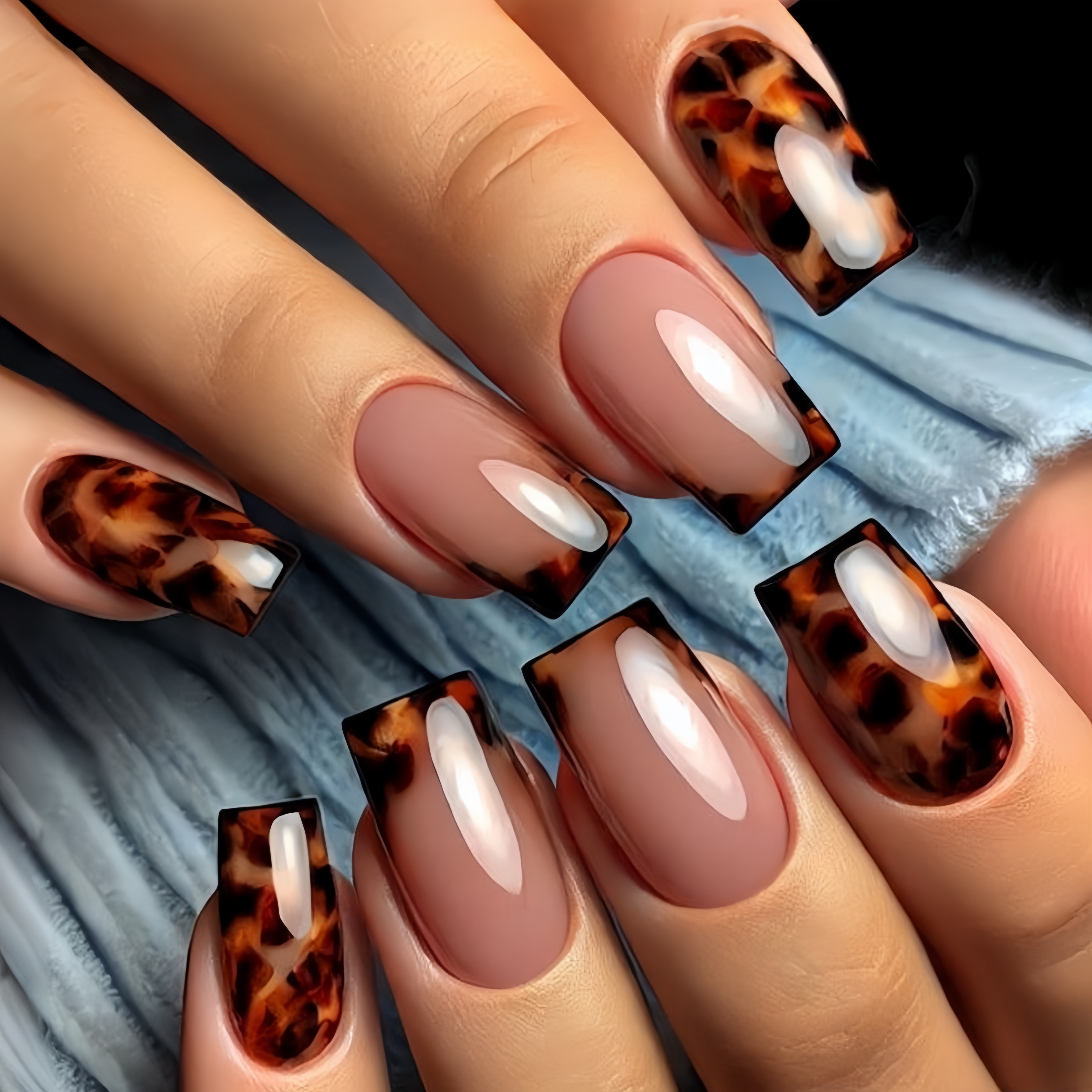 TEMU 24pcs Of Brown And Orange Leopard Print French Striped Press-on Nails For Women, Square-shaped, Removable False Nails, Gothic Style, Easy And