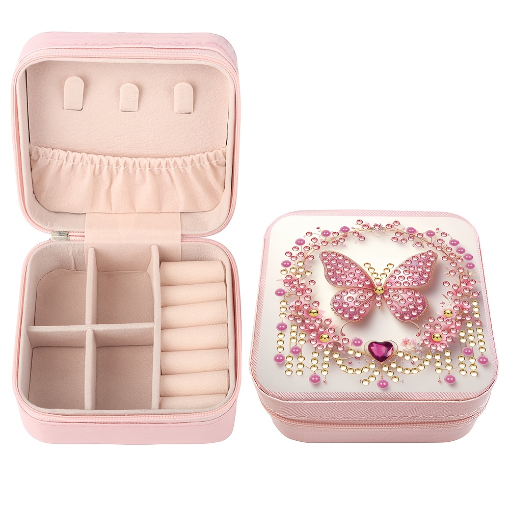 TEMU 1pc Creative -themed Diamond Painting Jewelry Box Set, Irregular Crystal Drill Handmade Storage Box, Multi-compartment Pink Portable Travel Case