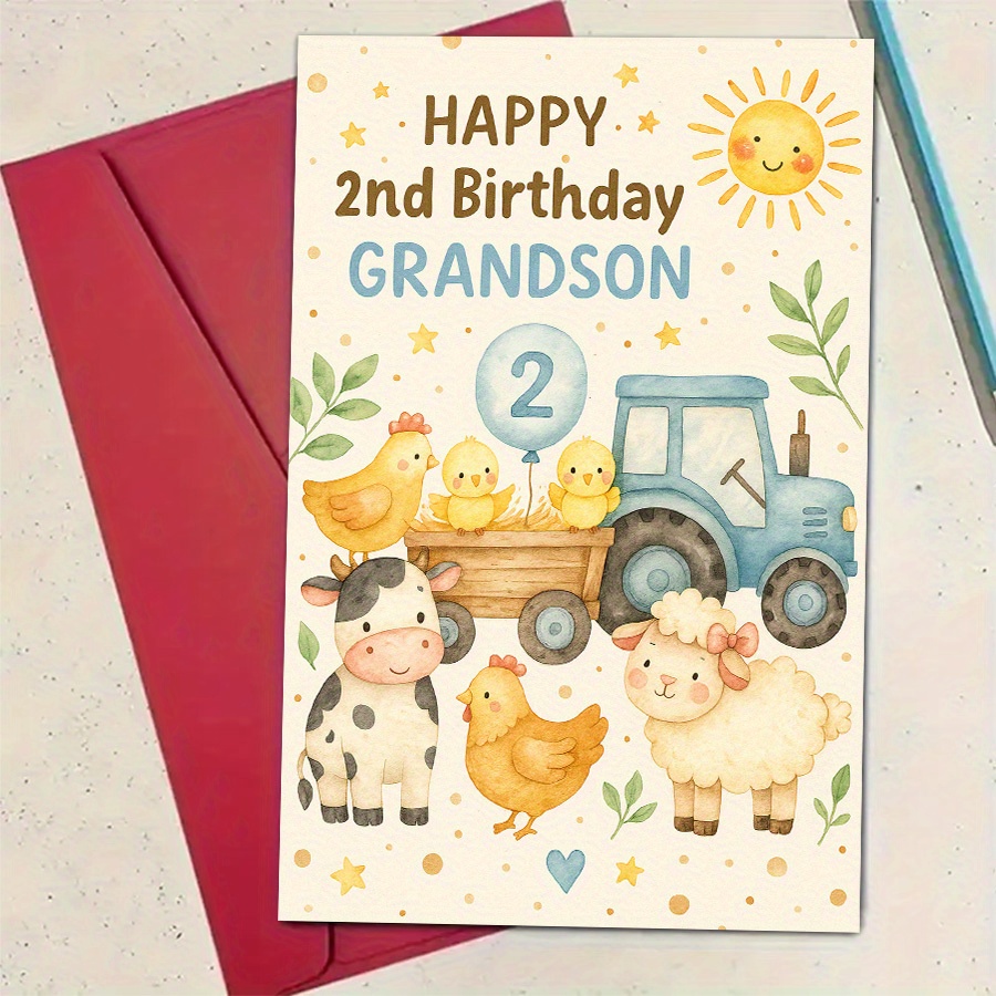 TEMU A Card For Your Grandson's 2nd Birthday Featuring Adorable Farm Animals And A Tractor, Ideal For Family And To Commemorate This Special Occasion