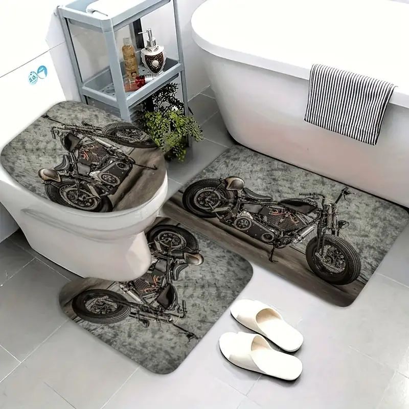TEMU 3-teiliges Motorrad-Design Badezimmermatten-Set - Beinhaltet Rutschfeste Badematte, WC-Deckelabdeckung & U-förmige Matte, Langlebiges Polyester,