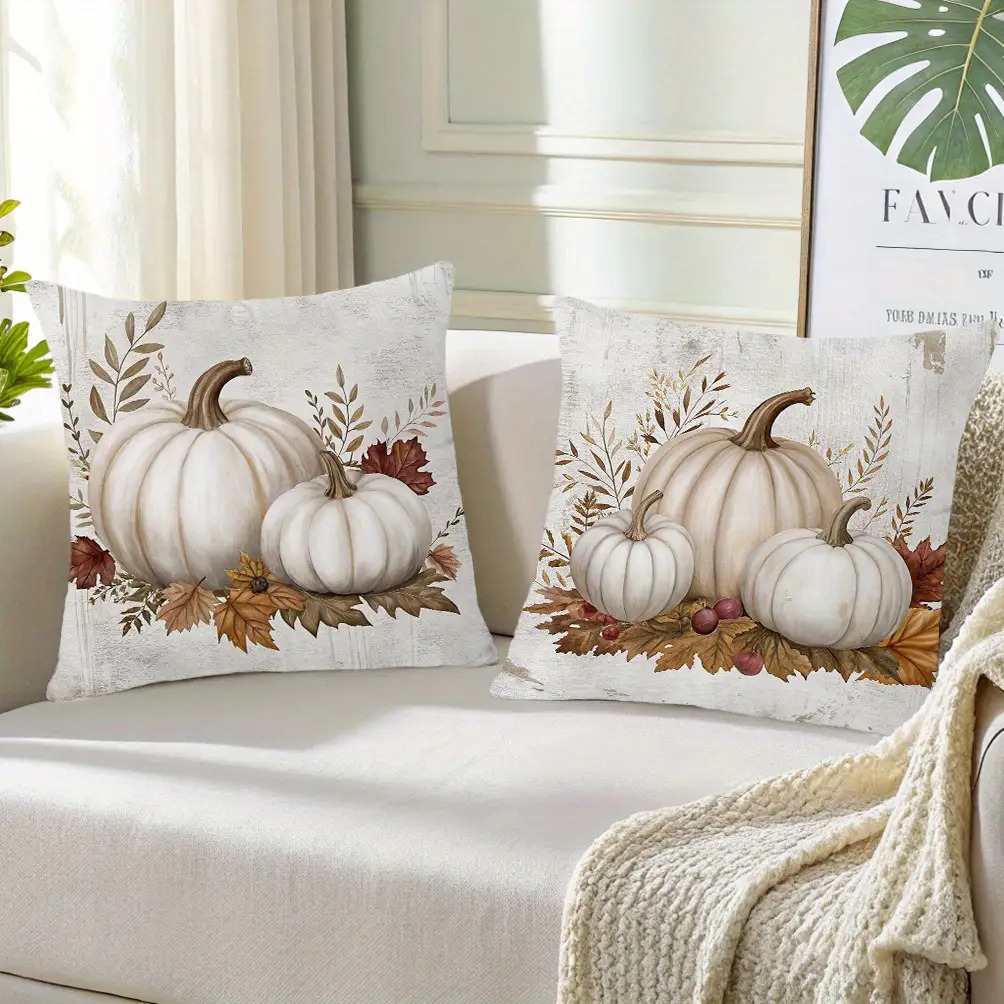 TEMU Single-sided 2pcs Farmhouse Autumn Pumpkin Pillowcase Comfortable Autumn Leaves Vintage Background Home Decor Pillowcase With Zipper Closure