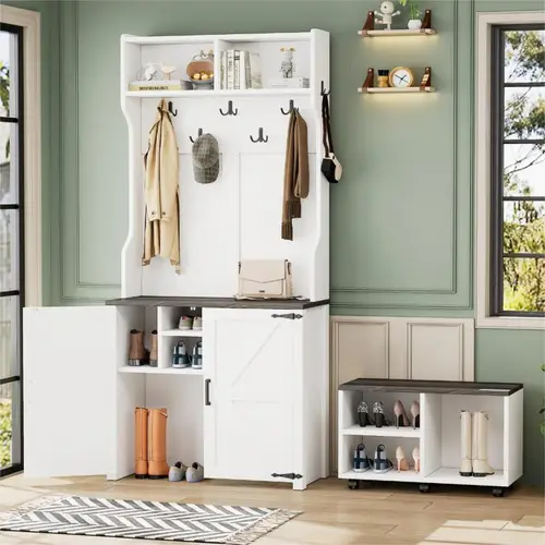 farmhouse 4 in 1 hall tree with barn doors movable bench with 7 hanging hooks and shoe storage cabinet 76 9 h entryway coat rack with 6 brake wheels for hallway living room white