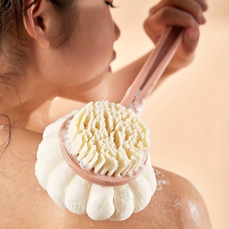 long handled double sided bath brush non electric exfoliating massage back scrubber and loofah sponge suitable for men and women light beige cleaning and exfoliating tool essential bathroom supplies and accessories suitable for   Product details 0