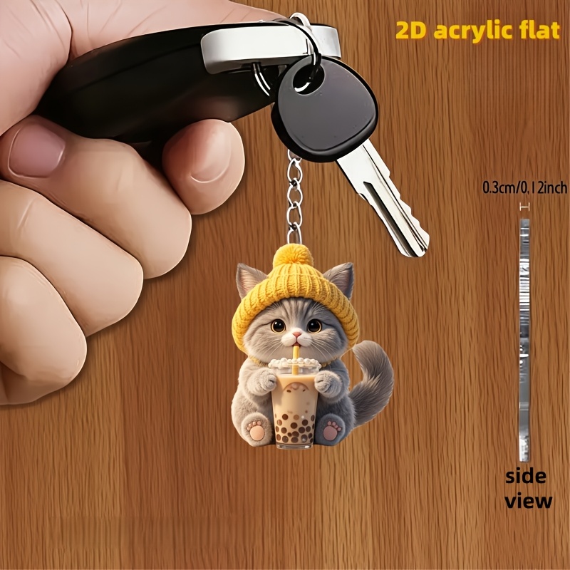 TEMU 2d Flat, 1pc Cute Gray Kitten Drinking Milk Tea Pattern Keychain, Fun 2d Acrylic Design Multifunctional Keychain Decoration, Suitable For Car