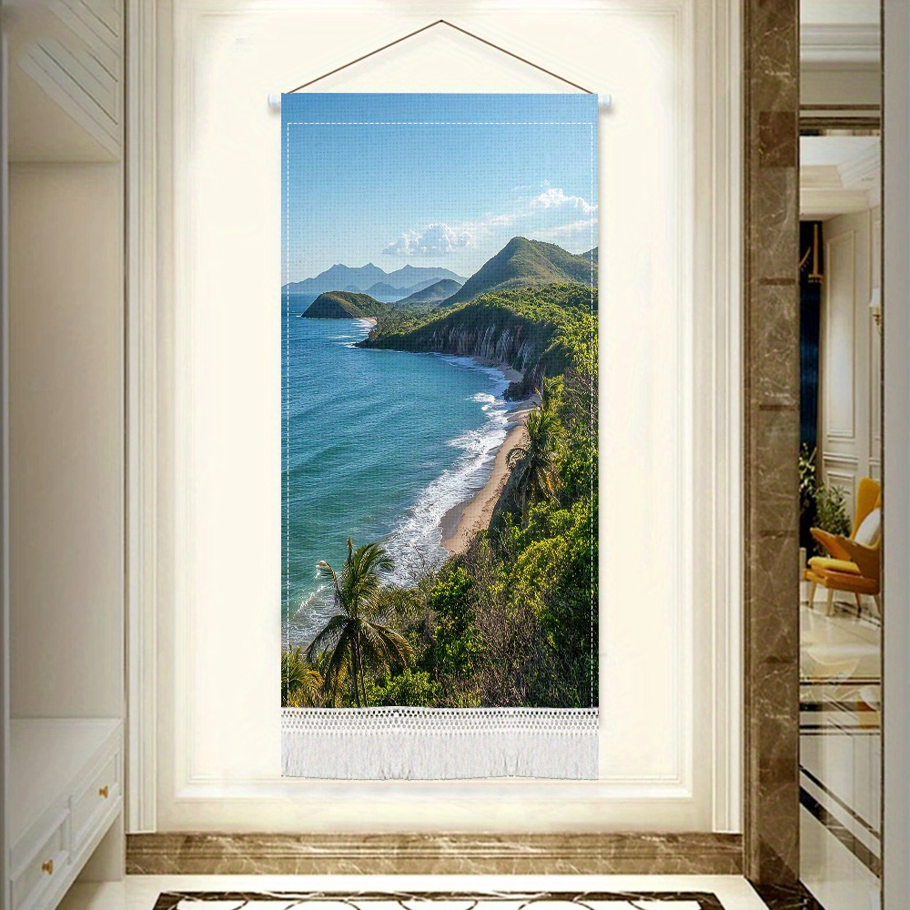 item picture seaside scenery printed tassel wall hanging coastal beach scene with palm trees and ocean waves   bedroom or living room decor adds   to   bedroom wall decor   flowing design beach theme decor