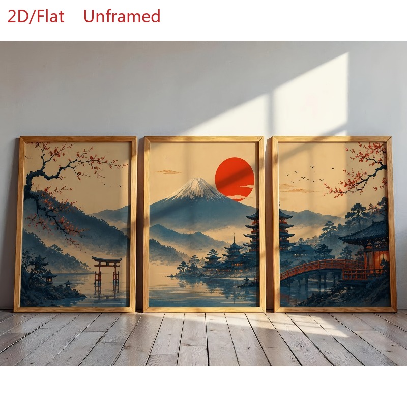 TEMU 2d Flat, Set Of 3 Japanese Red Sun Minimalist Zen Wall Art Prints - Modern Asian Landscape Canvas Posters Suitable For Living Room, Home Office