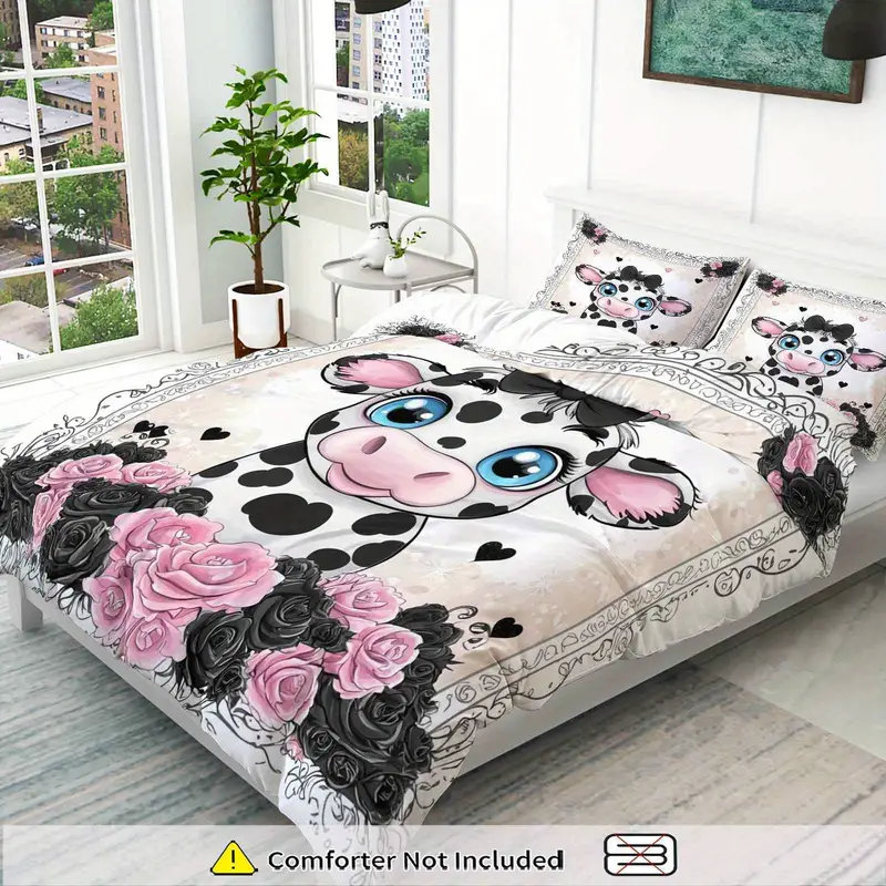 3pcs duvet cover set, 1 duvet+2 pillowcases(without filler), rose cow pattern theme, valentine s bedding set, elegant romantic suitable for decoration bedroom guestroom wedding room , holiday decoration, , stylish duvet, romantic theme, durable cover, textile, pillowcase set, decorative bedding, , couples gift Product details 7