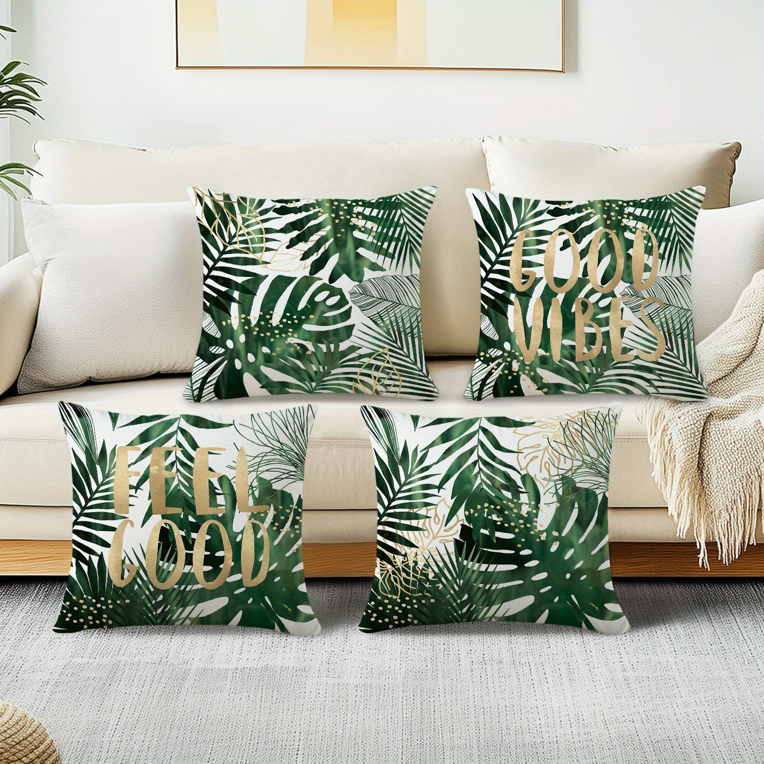 TEMU This Set Of 4 Single-sided Tropical Leaf Print Cushions Features Comfortable Zipper Polyester Decoration With The Texts " " And "". Are Perfect