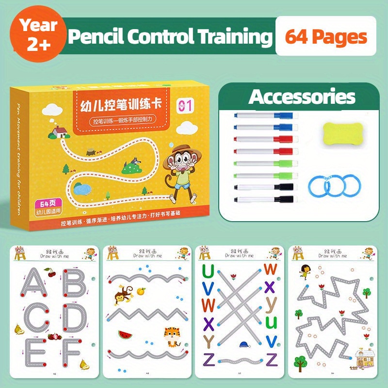 TEMU Kid Tracing Workbook Magical Pen Control Training Book With Erasable Pen Reusable Copybook Pre-school Writing Books
