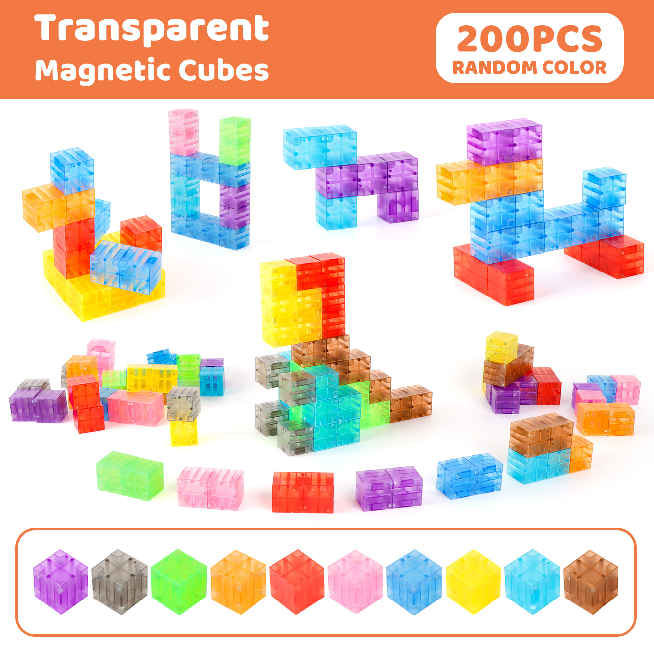 TEMU 200pcs Magnetic Blocks | Random Color Transparent Magnetic Building Cubes | Stem Construction Toy | Creative Stacking Shape Building Blocks |