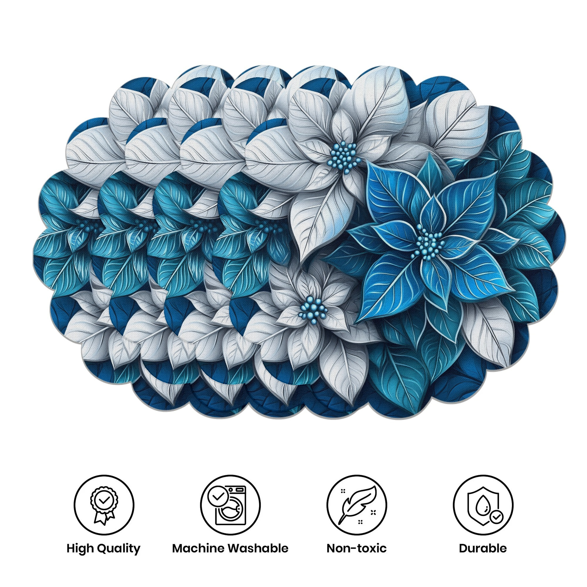 

4pcs Beautiful Blue And White Poinsettia Flower Christmas Placemats, Wave Shape Table Mats For Home Decor Non-slip Washable Place Mats For Daily Banquet Party Dining Table Christmas Decoration 15