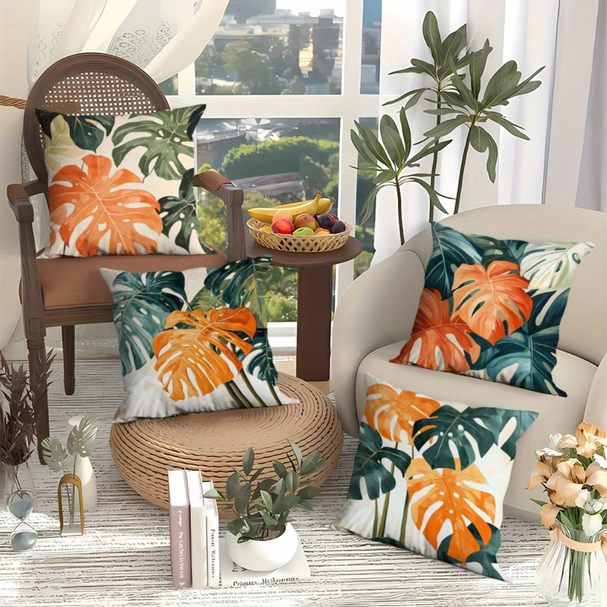 4pcs tropical leaf outdoor cushion covers vibrant orange Temu