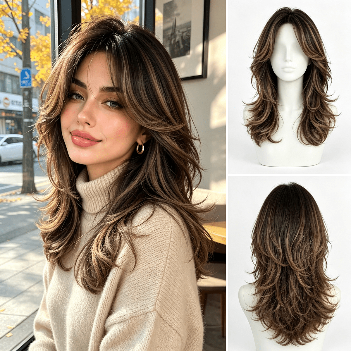 TEMU 16 inch lijmloze Wolf Cut-pruik geschikt voor vrouwen met karamel highlights & donkere wortels, hittebestendige synthetische haarpruik, ogende
