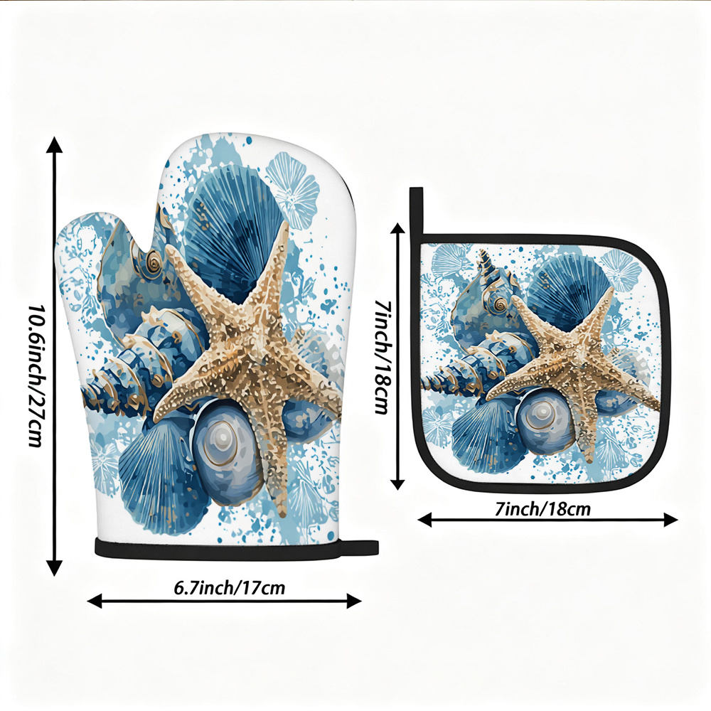 TEMU A Set Of 2 Oven Mitts And Pot Holders, Featuring A Blue And White Seashell And Starfish , With A Watercolor Textured Background And Black-