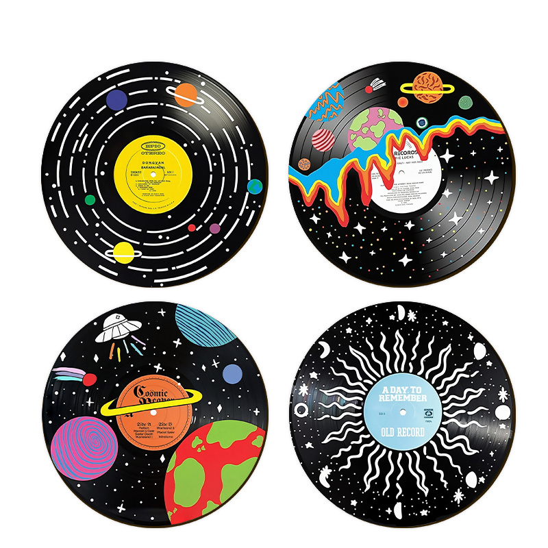 TEMU 4pcs Set Of Vintage Music Vinyl Record-shaped Wooden Wall Decorations, Featuring Psychedelic , Planet, Sun, And Prints, 70s Hippie Style Home