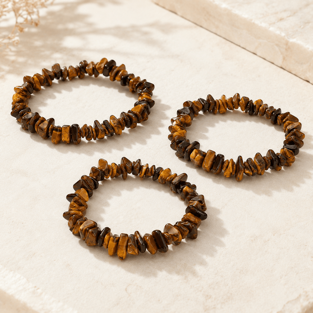TEMU Set van 3 armbanden met tijgeroog-chipkralen, onregelmatige gefacetteerde kralen rekbare armbanden, natuurlijke edelsteen sieraden in retrostijl