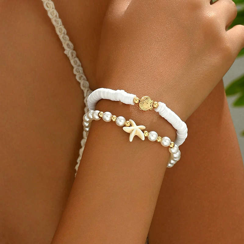 TEMU 2pcs, Women's Fashion Bracelets, Summer Beach Style Golden Artificial Shell And Pearl Beaded Bracelet, Starfish Ceramic Disc Stackable Bracelet