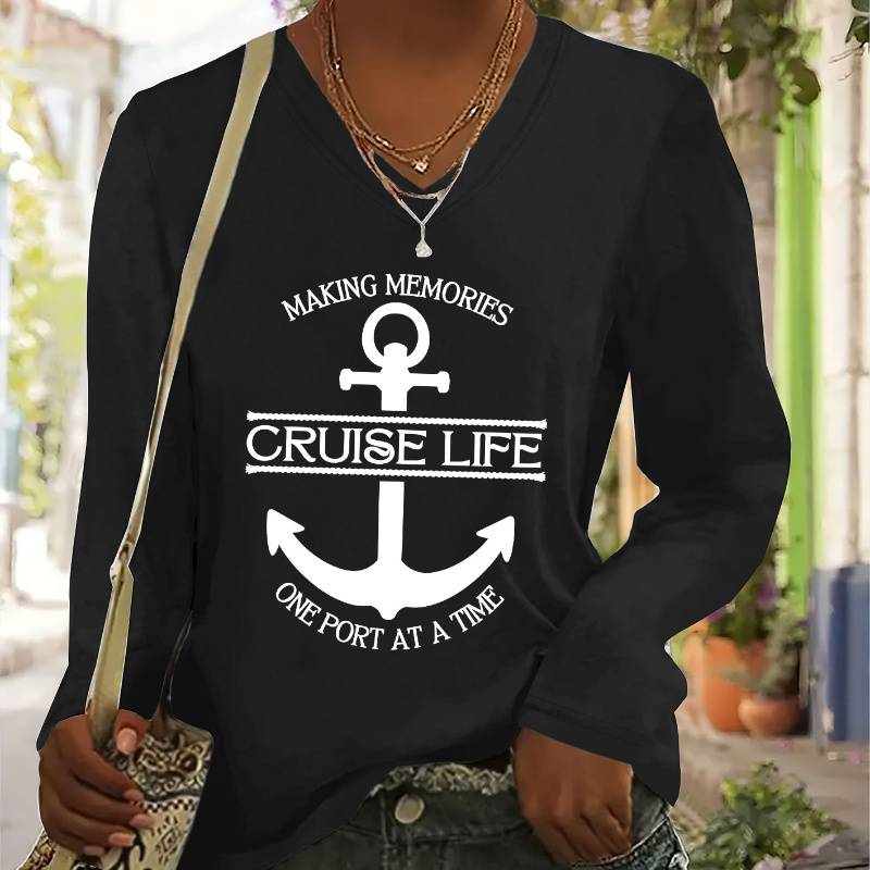 

Women's Casual V-neck Long Sleeve T-shirt With Letter Print, 100% Polyester Knit Fabric, Regular Length, Top - "cruise Life" Graphic Tee