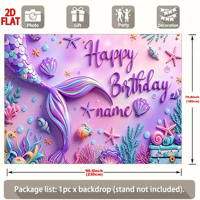 TEMU 2d Flat, 2d Flat Banners, 1pc Customized Mermaid Tail Purple Birthday Background With Seashells Stars And Coral Pattern Banner, Multifunctional