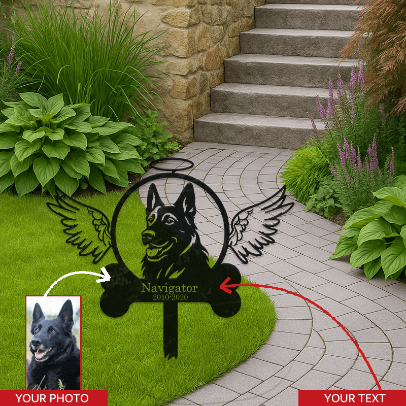 Customizable German Shepherd Memorial Stake with Hand-Drawn Angel Design