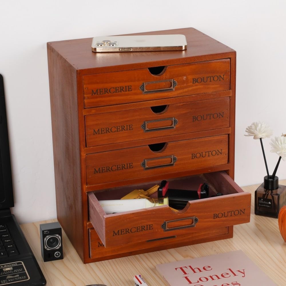 TEMU 5-drawer Large Jewelry Storage Box, Vintage Wooden Apothecary Cabinet With Lockable Lid, For Organizing Earrings, Necklaces, Stationery & Crafts