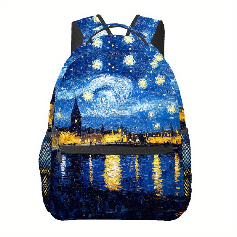 TEMU Van Gogh-inspired Starry Night Backpack - Lightweight, Adjustable Strap, Zipper Closure, Polyester Lining, Ideal For Travel, Hiking, Beach, Yoga