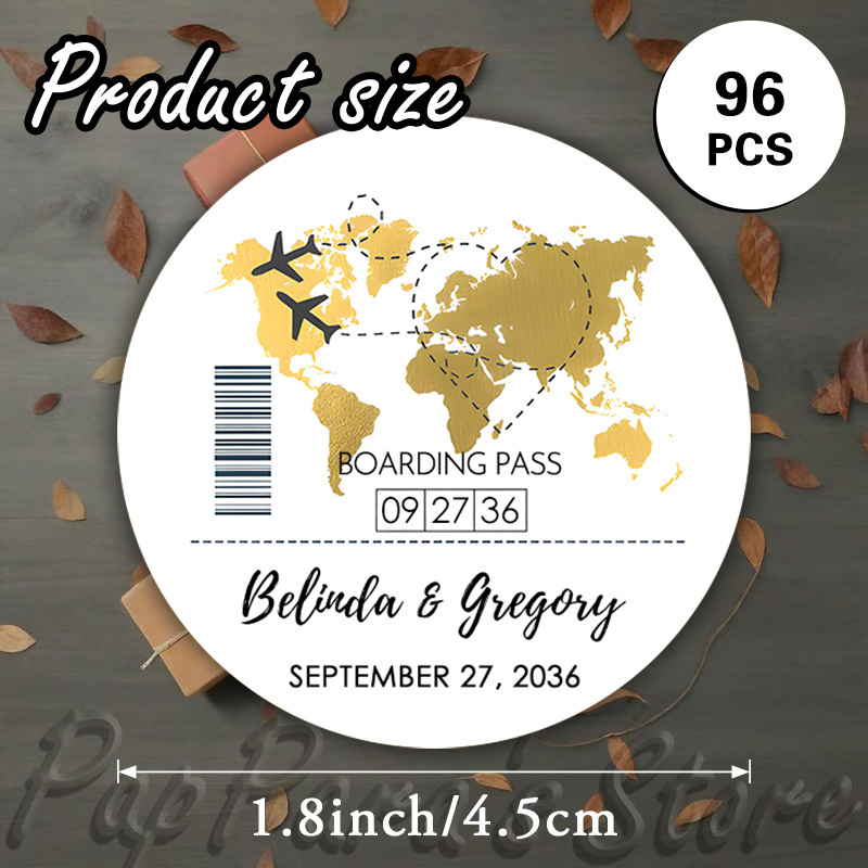 TEMU Custom 48/96pcs Travel & Wedding Round Stickers, Personalizable With Names, Dates, Etc. World Map With Airplane Routes Pattern, Luxury Design,