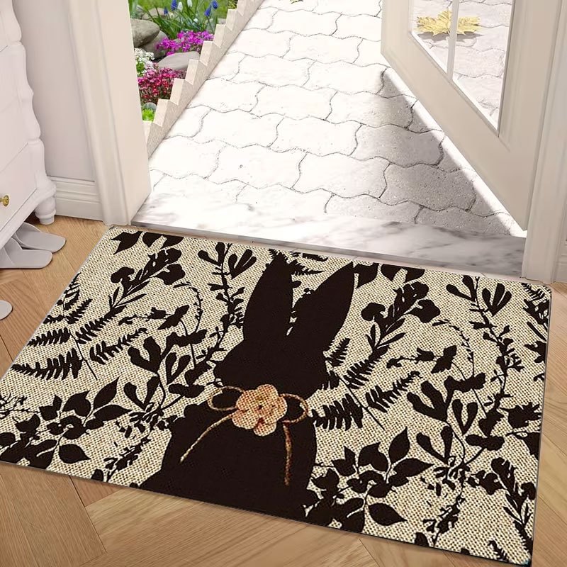 TEMU 1pc Bunny Silhouette Welcome Doormat Suitable For Bedroom Living Room, Non-slip Flannel With Bunny & Vine Print, Machine Washable Soft Suitable