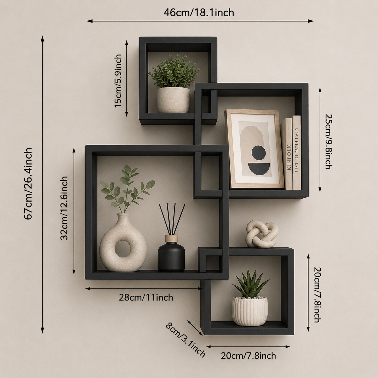 TEMU Black Geometric Wall Shelf, Modern Floating Wall Shelves For Bedroom Living Room, Decorative Display Shelf For Plants Books Candles And Home