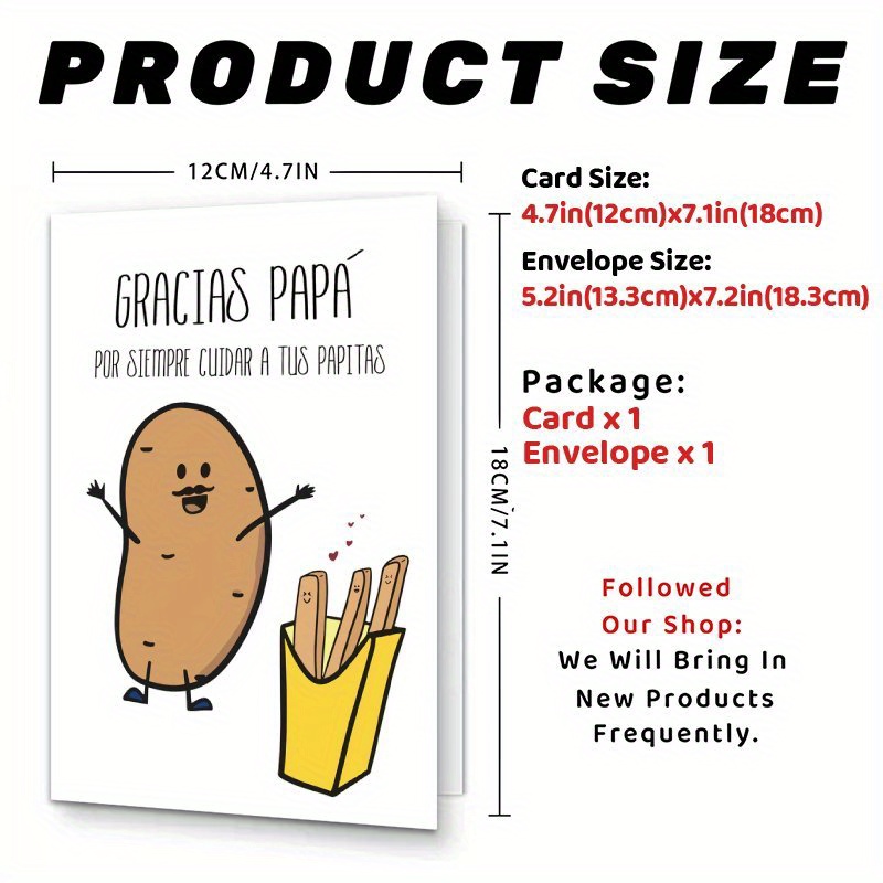 TEMU 1pc Spanish Father's Day Greeting Card With Envelope - " Papa" - Ideal For Dad, , Brother - Cute & Fries Design, Perfect Birthday & Thank You