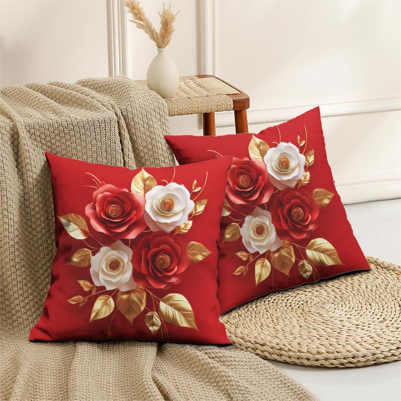 2pcs elegant red golden rose print pillow covers zippered