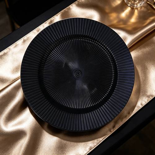 assiettes de présentation réutilisables en plastique 13 pouces noires - bordure à rayures , contact alimentaire, empilables pour économiser de pour restaurant, hôtel, événement, en gros, lot de 3 pièces
