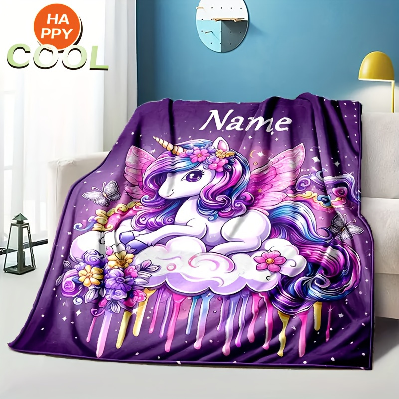 TEMU 1pc Personalized Unicorn 280g Flannel Blanket - Soft, Warm And Cozy With Custom Name Option - Bed, Sofa, Picnic | Ideal For Christmas Or Birthday Gifts