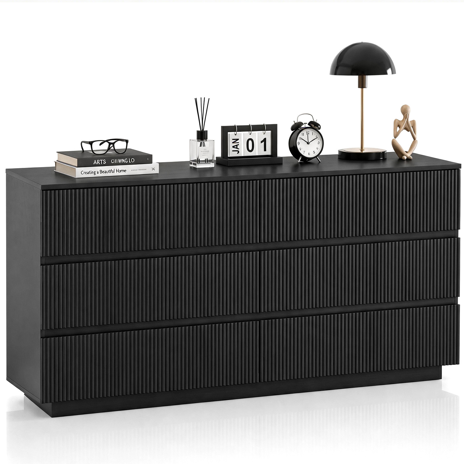 Image of Modern White Fluted 6 Drawer Dresser, Wide Wooden Chest Of Drawers Storage Cabinet For Bedroom, Hallway And Living Room