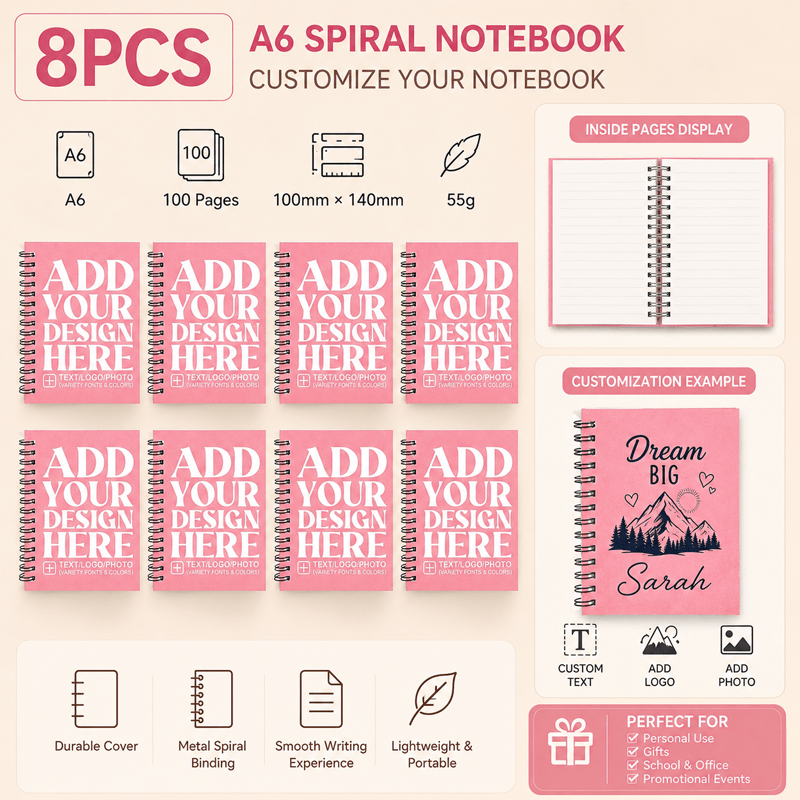TEMU Custom A6 Spiral Notebook, Personalized Text Name Logo Photo Print Small Pocket Journal, Customizable Paper Cover Lined Notebook, Portable Mini