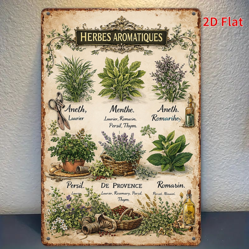 TEMU 2D Plat, [2Dflat] 1pc 30X20Cm - Plaque Métallique Vintage Herbes Aromatiques Provençale, Décoration Murale Rétro Ferme Cuisine
